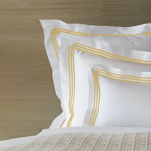 Image of Pure Cotton 500 TC Solid Pillow Cover Set | Greek Embroidered Pillow Cover Set | Percale Weave | 18 X 27 Inches (2, White - Triple Golden)