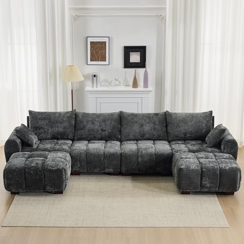 Image of 143 inch Oversized U Shaped Couch, Large Chenille Cloud Couch with Two Movable Ottomans, Memory Foam and Solid Wood Legs, Mid Century Modern Modular Sectional Couches for Living Room, Tufted Sofa, Grey