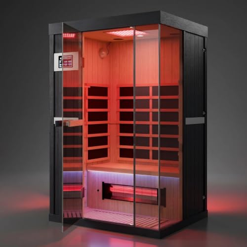Image of 2-Person Full Spectrum FAR Infrared Sauna with 12 inch * 12 inch Red Light Therapy | 1990W - 120V, 2 Speakers, Hemlock Wood Indoor Dry Traditional Sauna Dual LED Controls for Home & Gym, Black