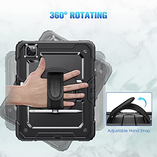 Casebot Ipad Pro 11 Inch Case 2022/2021/2020 With Screen Protector, [360° Rotating Kickstand] Full Body Rugged Shockproof Cover With Hand Shoulder Strap&Pencil Holder, Also Fit Ipad Air 4Th Gen, Black #TOP2