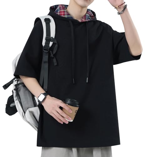 [Bligo] パーカー 夏服 メンズ 100%コットン tシャツ 半袖 無地 フード付き 大きいサイズ 冷感 快適 ゆったり 韓国ファッション チェック 通気性 人気 シンプル 吸汗速乾 カジュアル 薄手 春秋服 20代 高校生 Black-XLの商品画像（Amazon）