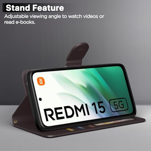Image of Pikkme Flip Cover for Redmi 15 5G Leather Finish | Inside TPU with Card Pockets | Wallet Stand and Shock Proof | Complete Protection Flip Case(Coffee)