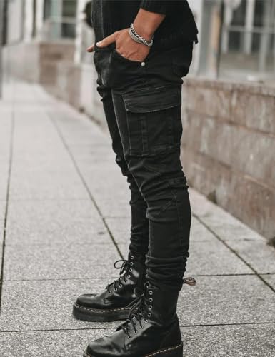 Kinghua Mens Distressed Stretch Skinny Cargo Jeans2