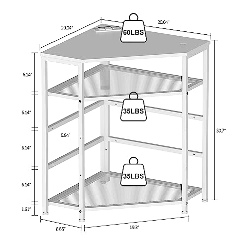 VEDECASA Corner Printer Stand Table with Power Outlet Charging Plugs USB Port Adjustable Storage Shelf Computer Tower CPU Stand Holder for Home Office (White)