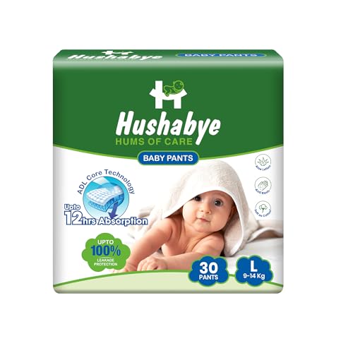 Hushabye Cotton Soft Baby Diapers Pants with Aloe Lotion | Anti-Rash, Gentle & Breathable | 12hrs Leakage protection, 3D Leak Guard & ADL Core | Large (L) | 9-14kg | 30 Count