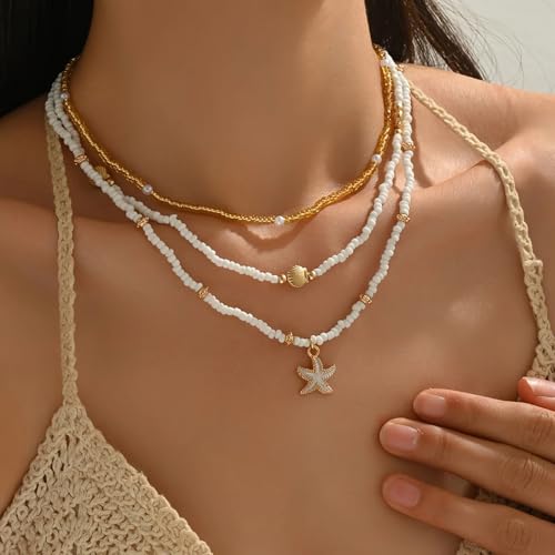 Shell Starfish Necklace for Women, 14k Gold Boho Layered Beaded Charm Pendant Necklace, Dainty Adjustable Pearl Conch Summer Beach Vacation Jewelry Gifts4