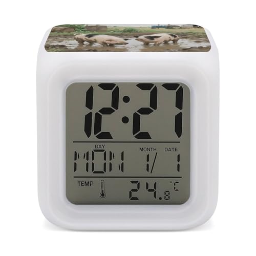 Reloj despertador con 7 luces LED luz nocturna y termómetro digital de mesa 2