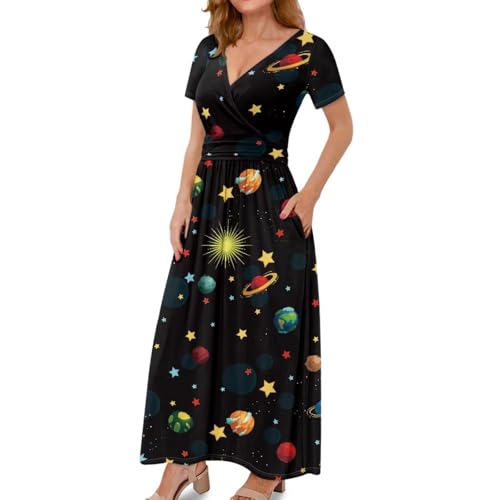 Image of Women's Fall Summer Short Sleeve Ankle Length V-Neck Party Dress with Pockets Size S-3XL