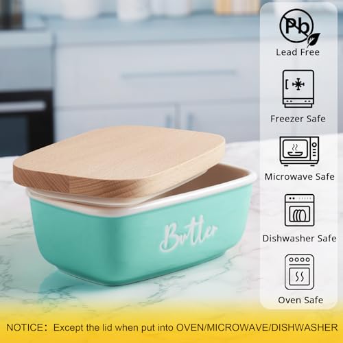 ALELION Turquoise Ceramic Butter Dish with Lid - Turquoise Kitchen Decor & Teal Kitchen Accessories for Countertop - Butter Keeper Container with Thick Beech Wood Lid - Cute Modern Farmhouse Decor - Thumbnail 4