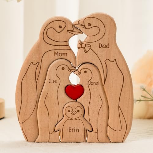 Macorner Personalized Wooden Penguin Family Puzzle, Hugging Penguin Family Version, Custom Name...