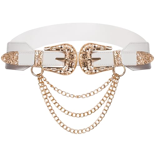 Image of Dubulle Womens Belt Chain Leather Belts Vintage Western Adjustable Elastic Double Buckle for Cowboy Pant Dress