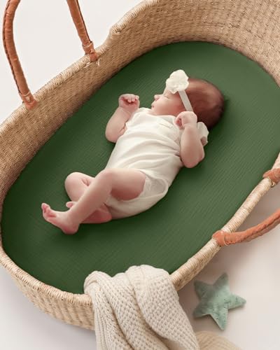 Image of Blissful Diary Muslin Bassinet Sheets, 2 Pack, Monstera & Dark Green | fitted for bassinet mattress, soft and breathable cotton, boho style, easy care for machine wash, gift for boy and girl