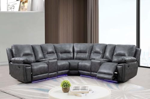 Sara Leather Electric Recliner Sofa With Cupholders - Leather Corner Sofa - USB Charging Ports - LED Lights - Grey
