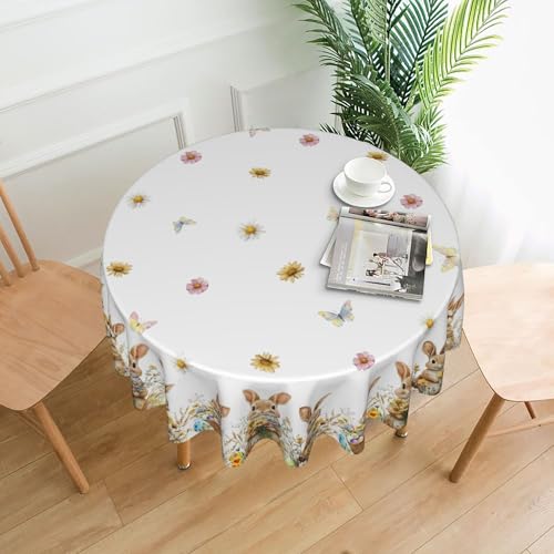 Image of Easter Round Tablecloth 60 x 60 Inch Flowers Rabbit Eggs Table Cover Waterproof Wipeable for Kitchen Restaurant Home Parties Holiday Decor