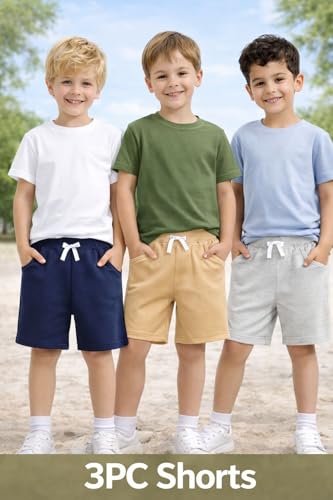 Image of HILEELANG Boys Sweat Shorts 3 Pack, French Terry Cotton Pull On Shorts with Pockets for Toddler Little Boys 2-7Y