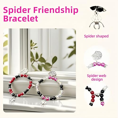 2-Pack Spider Friendship Bracelets for Couples, Halloween Jewelry Gift - Stretchable Adjustable Crystal Bead Bracelet with Heart Charm, Love Promise Bracelet for Him Her Best Friend3