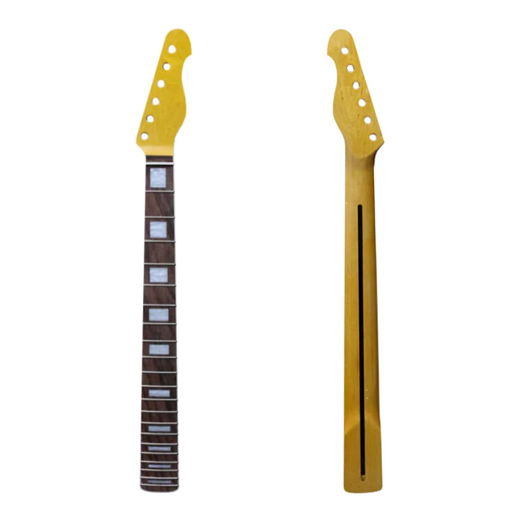 Manico di ricambio per chitarra elettrica, 21 tasti, 648 mm, in acero con tastiera in palissandro, verniciato giallo, intarsi quadrati, bordi rilegati (truss rod superiore regolabile)