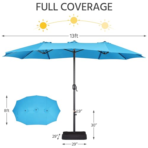 Yaheetech 13 ft Large Patio Umbrella with Base Included, Double-Sided Outdoor Market Extra Umbrella with Easy Crank Handle, 13 Strong Ribs Ventilation Openings for pool Lawn Garden, Sky Blue