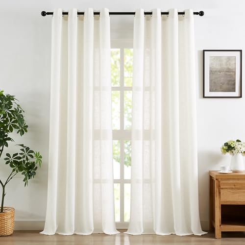 Image of Treatmentex Flax Linen White Semi Sheer Curtains for Living Room 52 x 84 Long Light Filtering Pricacy Window Drapery for Bedroom 2 Panels Grommet Top