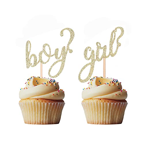 Morndew 24 Pcs Glitter Gold Boy Or Girl Cupcake Toppers For Gender Reveal Party Baby Shower Birthday Party Decorations - Boy Or Girl - He Or She #TOP24