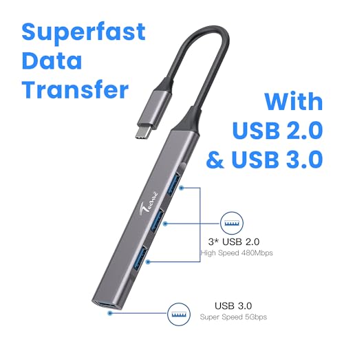 Image of Techie Type-C 4-Port Hub with 1x USB 3.0 5Gbps and 3x USB 2.0 Ports Aluminum Alloy for Laptops, Desktops, MacBook, iPad Pro, Windows and Tablets (Silver)