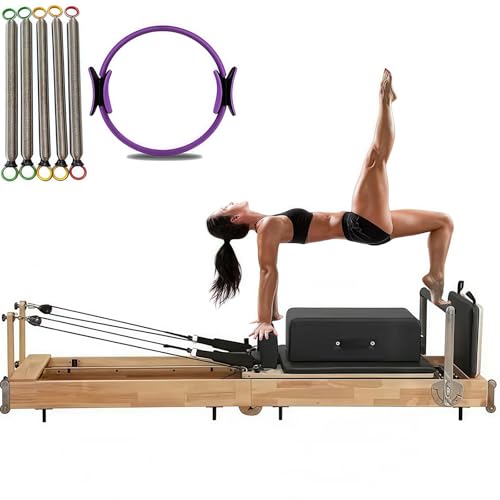 WENMEE Macchina Pilates Reformer in Legno, Panca per distensioni con Pesi Regolabile con Box e Trampolino per Saltare, Studio di Yoga a casa(Noir)