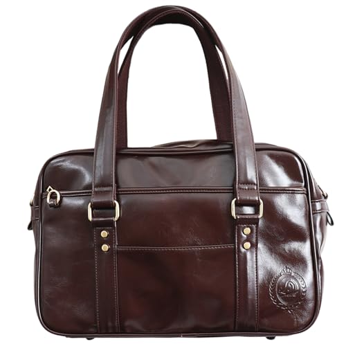 Japanese School Bag PU Zippered Brown Messenger Bag with Handle & Removable Shoulder Straps School Handbag for Women Girl Leather Tote for