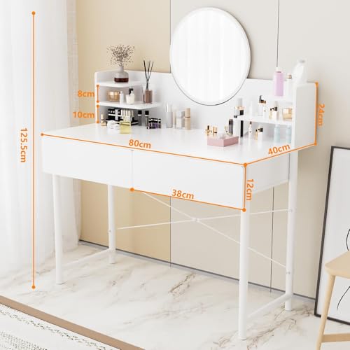 طاولة زينة للمكياج مع مرآة دائرية بدرجين كبيرين ومتعددة الوظائف ممزودة بمساحة تخزين كبيرة لغرفة النوم من زيريفام (مقاس 40 × 80 سم)