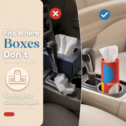 Image of Car Tissue Holder with 4 Facial Tissue Canisters | Car Organization - Car Interior Accessories - Cup Holder Tissue Cylinder - Replacement for Kleenex Tubes - Total 240 Tissues