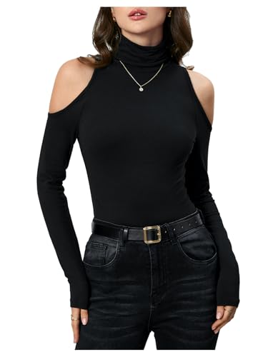 RoseSeek Women's Turtleneck Cut Out Cold Shoulder Tops Tee Long