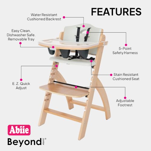 Image of Abiie Beyond Junior Wooden High Chair for Babies and Toddlers - Convertible 3-in-1 Baby Highchair with Removable Tray - 6 Months to 250 Lb - Water Resistant - Natural Wood /Dove Grey Cushion