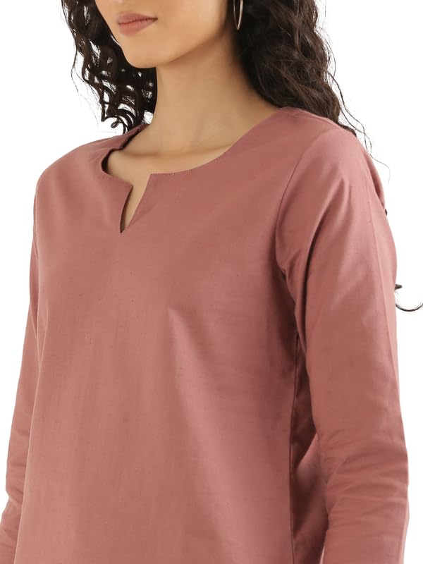 Image of SAADAA Airy Linen Split Neck Short Kurta for Women | Casual & Office Wear | 3 /4 Sleeves, Comfortable Fit | Elegant Top | Lightweight & Breathable Fabric |