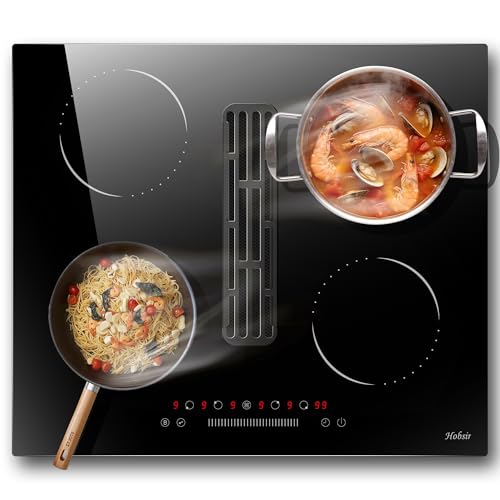 Hobsir Plaque Induction 4 Feux avec 135W Hotte Aspirante, 600m³/h, 60 cm Encastrable Plaque de Cuisson Electrique, 6400W, Verre Ceramique Noir, Contr么le...