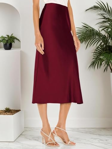 Image of Amy Babe Womens Satin Silk High Waist Slit Midi Skirt Long Skirts for Women | Elastic Waistband, Side Split, Midi Length, Below the Knee, Silky Fabric, Elegant, Fall Winter Outfits