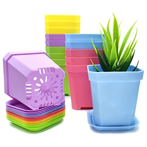 Green Thumbz Small Decorative Square Plant Pots, Colourful Plastic Plant Pots for Decoration, Indoor and Outdoor Seed Flower and Plants Pots with Trays - in Yellow, Blue, Pink and Purple (15 Pack) Cover