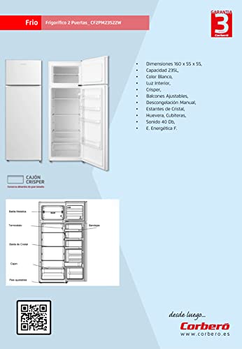 Corbero-CF2PM23522W-Frigorificos-2-Puerta-Estaticos-160-x-55-x-55-Capacidad-235L-Color-BlancoCrisper-Balcones-Ajustables-Descongelacion-Manual-Estantes-de-Cristal-40-Db-E-Energetica-F