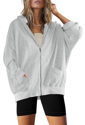 Womens Fashion Zip Up Hoodies Oversized Waffle Knit Jacket Shirts Long Sleeve Solid Shacket Blouse with Pockets