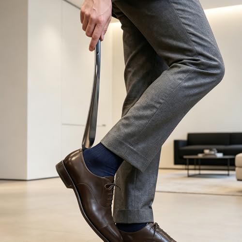 Metal Shoe Horn Long Handle for Seniors Stainless Steel 11.8 Shoehorn with Hook for Men Women(Silver)