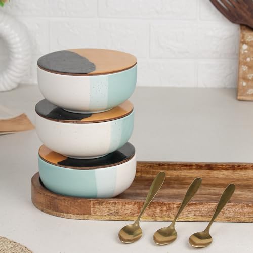 Image of The Earth Store TT Green Matte Ceramic Bowl Serving Set - 3 Bowls (500ml Each) with Wooden Tray, 3 Spoons & 3 Multipurpose Lids /Coaster - for Snacks, Curries, Desserts & Fruits | Diwali Gift