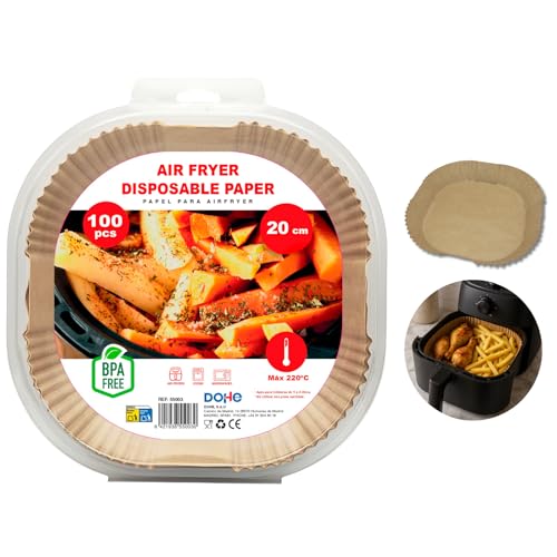 Dohe - Papel Freidora Aire Cuadrado (100 uds.) - Tamaño 20-24 cm para Air Friyers 5 8 Litros, Apto para Hornos y Microondas, Antiadherente y Absorbente, Sin BPA