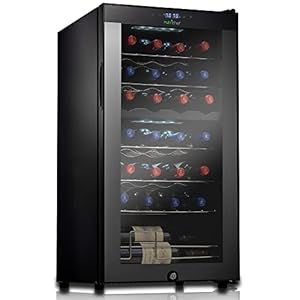 NutriChef PKCWCDS285 28 Bottle Fridge | Dual Zone Chiller | Adjustable Temperature 41°F to 64°F | Ultra Quiet Operation | Wine Cooler for Home, & Office | Free Standing 33x16x17 in (Black)