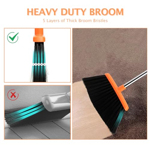 Image of 2-Pack Broom and Dustpan Set with Long Handle, Heavy Dust Broom and Dustpan Combo for Home,Kitchen, Office, Pet Hair (Brown Orange)
