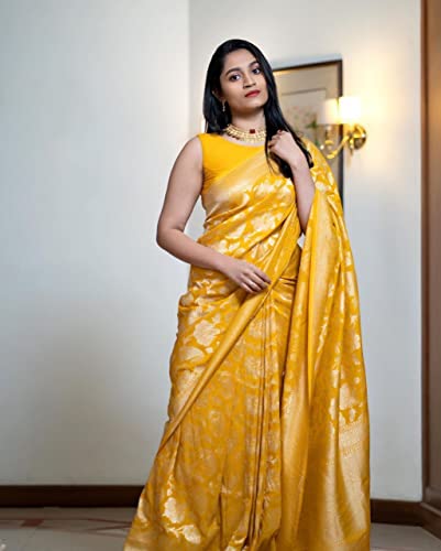 Image of Flosive Women's Present Banarasi Soft Lichi Silk Saree Beautiful Jacquard Rich Pallu Design Work Zari Woven Kanjivaram Silk Style Saree With Soft Lichi Silk Blouse Piece (Yellow).