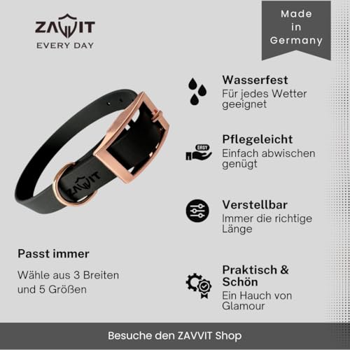 Langlebiges BioThane Hundehalsband 16/19 / 25mm mit Schnallenverschluss | Wasserfest & Robust | In 5 Größen (XS, S, M, L, XL) | Passend zu den ZAVVIT Leinen (Schwarz/Roségold)