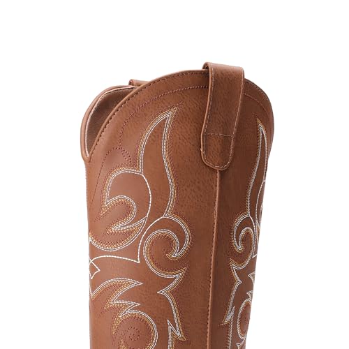 DREAM PAIRS Women's Cowboy Cowgirl Boots Embroidered Square Toe Mid Calf Western Boots Fashion Dress Chunky Low Heel Shoes for Theme Party Country Concert,Size 8,Tan,DWUMMB2516