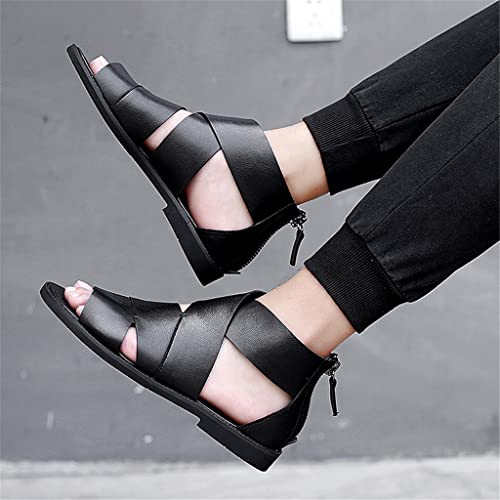 Mens Toe Hollow Out High Top Leather Casual Sandals Street Zipper Youth Daily Fashion Shoes(6.5code)3