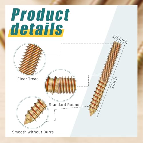 Image of Hicarer 50 Pack 1 /4-20 x 2 Inch Hanger Bolts Double Headed Bolts with Driver Self Tapping Screw Threaded Rod Screws for Furniture Double Headed for Wood Furniture Joint (Gold)
