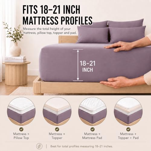 Image of CozyLux 6-Piece King Size Sheet Set, Fits 18-21 Inch Mattresses, Oeko-TEX | 4 Pillowcases, 1 Flat Sheet and 1 Fitted Sheet with All-Around Elastic and 21-Inch Deep Pocket for a Secure Fit, Dusty Purple