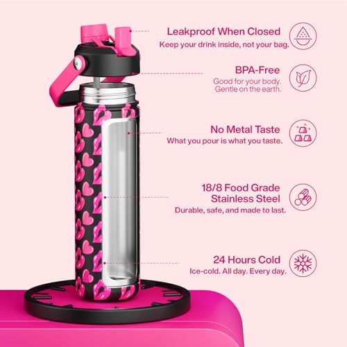 Image of ENCOOL Insulated Water Bottle with Straw Stainless Steel Water Bottle, Leak-Proof, BPA-Free, Keeps Cold for 24 Hours for Sports, Travel, School (26 oz, Kiss Love Pink x Black)