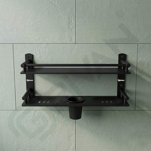 Image of GRIVAN Stainless Steel 2-Tier Bathroom Accessories Set - Heavy Duty Bathroom Shelves with Dual Soap Holder, Toothbrush Holder & Tumbler | Wall Mounted Bathroom Organizer (Black Matte)